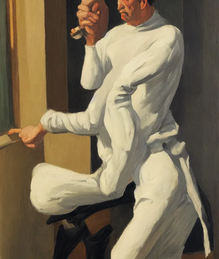 Prompt: a very detailed portrait of a man, wearing an open straitjacket, frontal view, in the style of edward hopper and oswald hornby joseph birley, very small brushstrokes, 4 k,