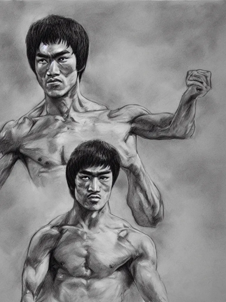 Prompt: A photorealistic portrait of a BRUCE LEE, sketched, ancient background