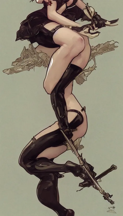 Image similar to 2 b in a cute pinup pose by artgerm, greg rutkowski and alphonse mucha, concept art, matte, intricate, full body, epic composition