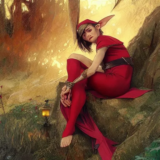 Prompt: statuesque elf resting, short hair, red and gold clothes, sharp focus, intricate, smooth, ultra realistic digital art, d & d, high fantasy, pointed ears, elegant, by artgerm, greg rutkowski, raymond swanland, alphonse mucha