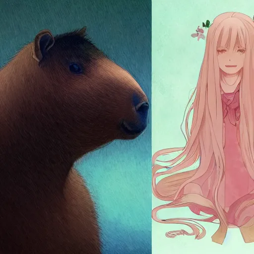 Image similar to capybara as an anime waifu, anime, weeb, die cut sticker , intricate, elegant, highly detailed, digital painting, artstation, concept art, smooth, sharp focus, illustration, art by artgerm and greg rutkowski and alphonse mucha and francisco goya