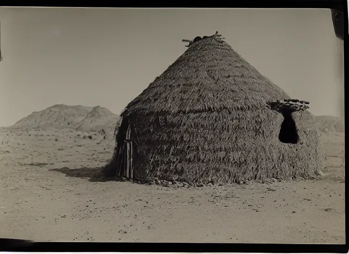 Prompt: Photograph of a hexgonal navajo hogan house, with dirt walls and roof, albumen silver print, Smithsonian American Art Museum