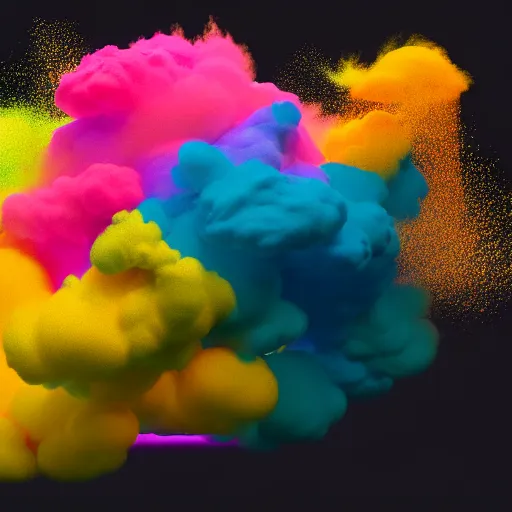 Prompt: color powder explosion on black background, particles, fine detail, hyperrealism, james jean, golden ratio, sharp focus, octane render, sidefx houdini, artstation, vfx