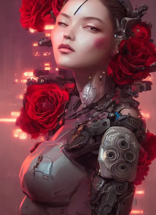 Image similar to portrait of a seductive female with roses, cyberpunk cyborg. roses, muted colors, sci fi, intricate abstract upper body intricate artwork, by tooth wu, wlop, beeple, dan mumford. concept art, octane render, deviantart, greg rutkowski, cinematic arthouse, key art, hyper realism,