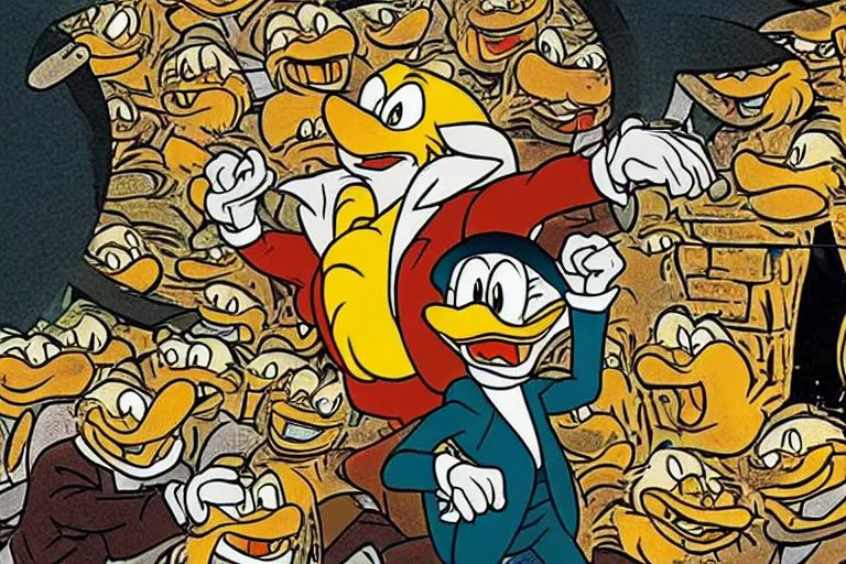 Image similar to Scrooge McDuck reacting to the Bitcoin crash, 8k, real photo, night scene, terrible