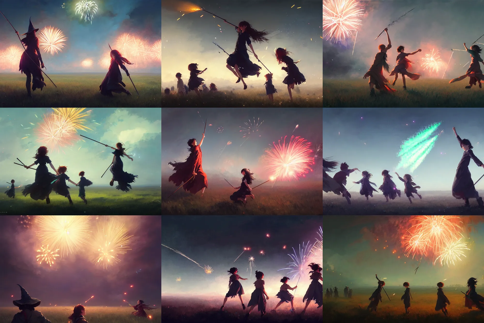 Prompt: young witches flying above a field launching fireworks into the sky, magical particles in the air, night time, rim light, studio ghibli style, high octane filter, 8 k, highly detailed, digital painting, concept art, matte, art by ruan jia and wlop and greg rutkowski and makoto shinkai, masterpiece