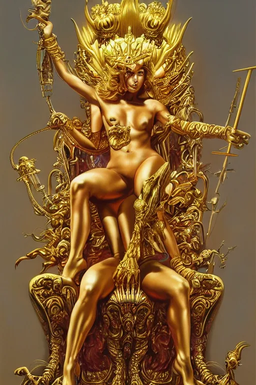 Image similar to airbrush painting of an amazing golden queen seated over a fantasy throne, by hajime sorayama and boris vallejo, realistic, hyperdetailed, centered, magic, trending on artstation,