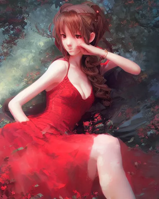 Image similar to aerith gainsborough in red lace skirt, portrait, illustration, rim light, top light, perfectly shaded, soft painting, art by krenz cushart and wenjun lin