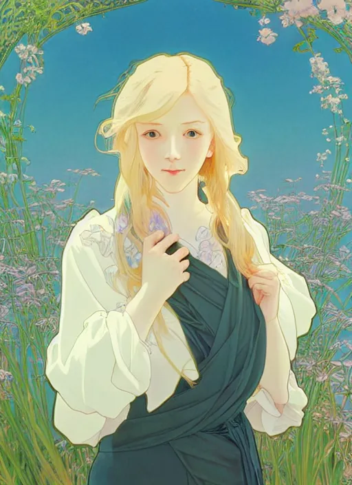 Prompt: pretty young man with shoulder length blond hair, half body shot, path traced, highly detailed, high quality, digital painting, by studio ghibli and alphonse mucha, leesha hannigan, hidari, art nouveau, chiho aoshima