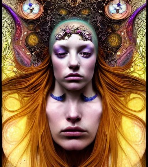 Prompt: detailed realistic beautiful young groovypunk queen of andromedab galaxy in full regal attire. face portrait. art nouveau, symbolist, visionary, baroque, giant fractal details. horizontal symmetry by zdzisław beksinski, iris van herpen, raymond swanland and alphonse mucha. highly detailed, hyper - real, beautiful