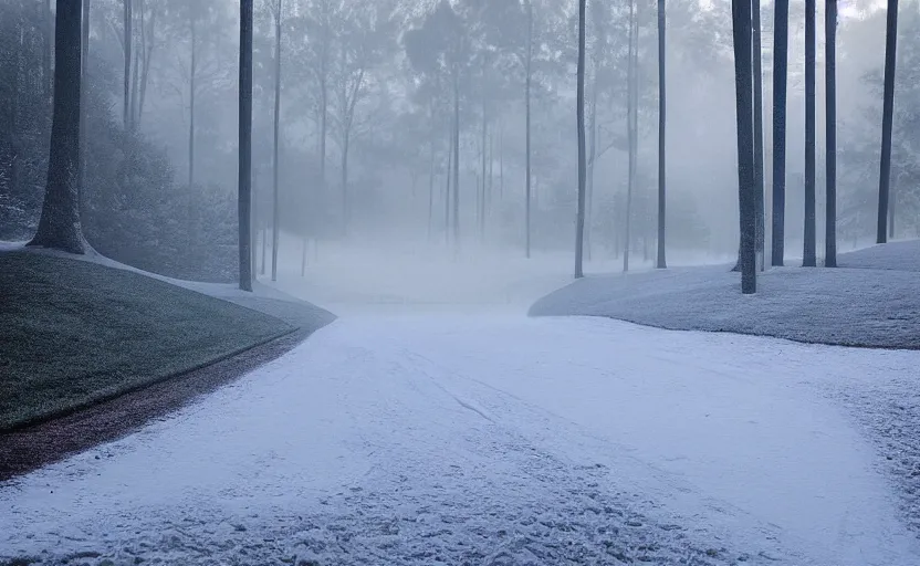 Image similar to augusta national, the masters, but during winter, completely covered in snow, beautiful ambient light, stunning photography, fog, light rays