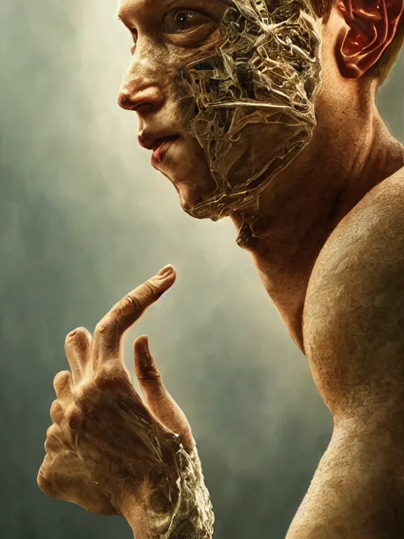 Image similar to portrait of a mark zuckerberg, skin peeling away to reveal reptile skin, art by ryo shiotani and greg rutkowski, intricate, beautiful, cinematic lighting, vintage art by serge ivanoff, high resolution, very detailed