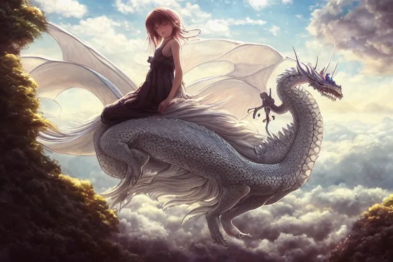 Image similar to the beautiful hyper detailed big scene render that a beautiful girl sitting on the back of a huge silver white dragon alone in fairyland surrounded by white clouds, finely detailed angelic face delicate features, style of studio ghibli, makoto shinkai, artgerm, karol bak, kazuki tanahashi, james jean, ross tran, xision, ultra wide angle