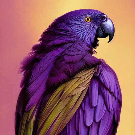 Prompt: portrait of a purple parrot, upper body, long hair, intricate, elegant, highly detailed, digital painting, artstation, concept art, matte, sharp focus, illustration, art by artgerm and greg rutkowski and alphonse mucha