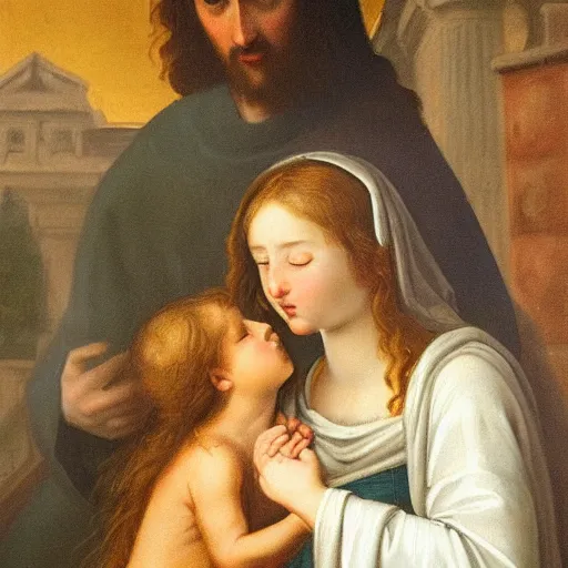 Prompt: an oil panting of a jesus kissing maria maddalena