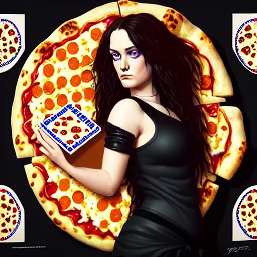 Prompt: portrait of teenage goth wynonna ryder flipping a pizza in the air in a dominos pizza, intricate, headshot, highly detailed, digital painting, artstation, concept art, sharp focus, cinematic lighting, illustration, art by artgerm and greg rutkowski, alphonse mucha, cgsociety