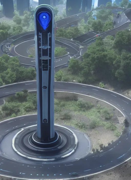 Image similar to highly detailed photo of a high tech futuristic tall stele standing on the road ring made in unreal engine 4