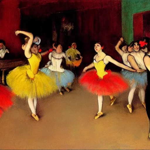 Prompt: latin dance band in the style of degas. lively. colorful. hd.