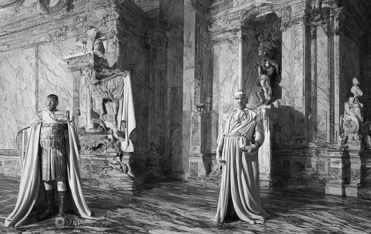 Prompt: vintage 1 9 6 0 s photograph of a man wearing a roman emperor costume in a pristine marble palace with romans, photorealistic, dramatic lighting, intricate details, award winning photojournalism
