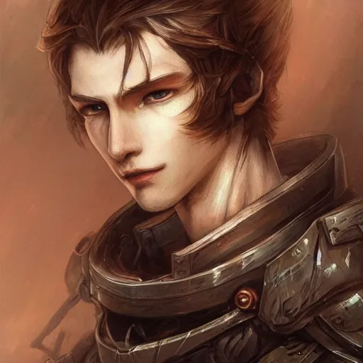 Image similar to portrait of an elf by ayami kojima, he is about 2 0 years old, russian, manly, short brown hair, slender and tall, friendly and smart, he is wearing a modern tactical gear, scifi, highly detailed portrait, digital painting, artstation, concept art, smooth, sharp foccus ilustration, artstation hq