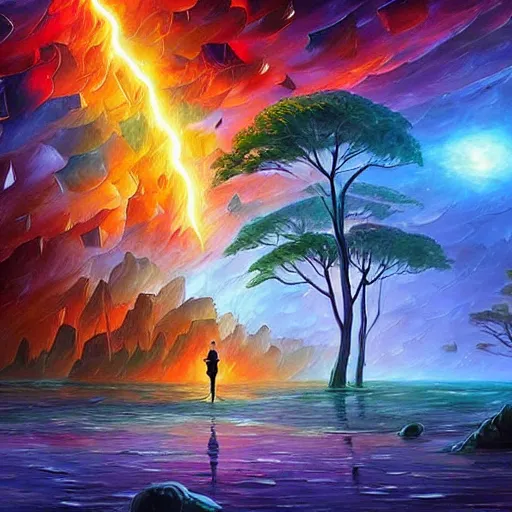 Image similar to village alien lightning art waterfall nature photography weird rich digital art airbush by android jones, leonid afremov, rob gonsalves, rhads, evgeny lushpin