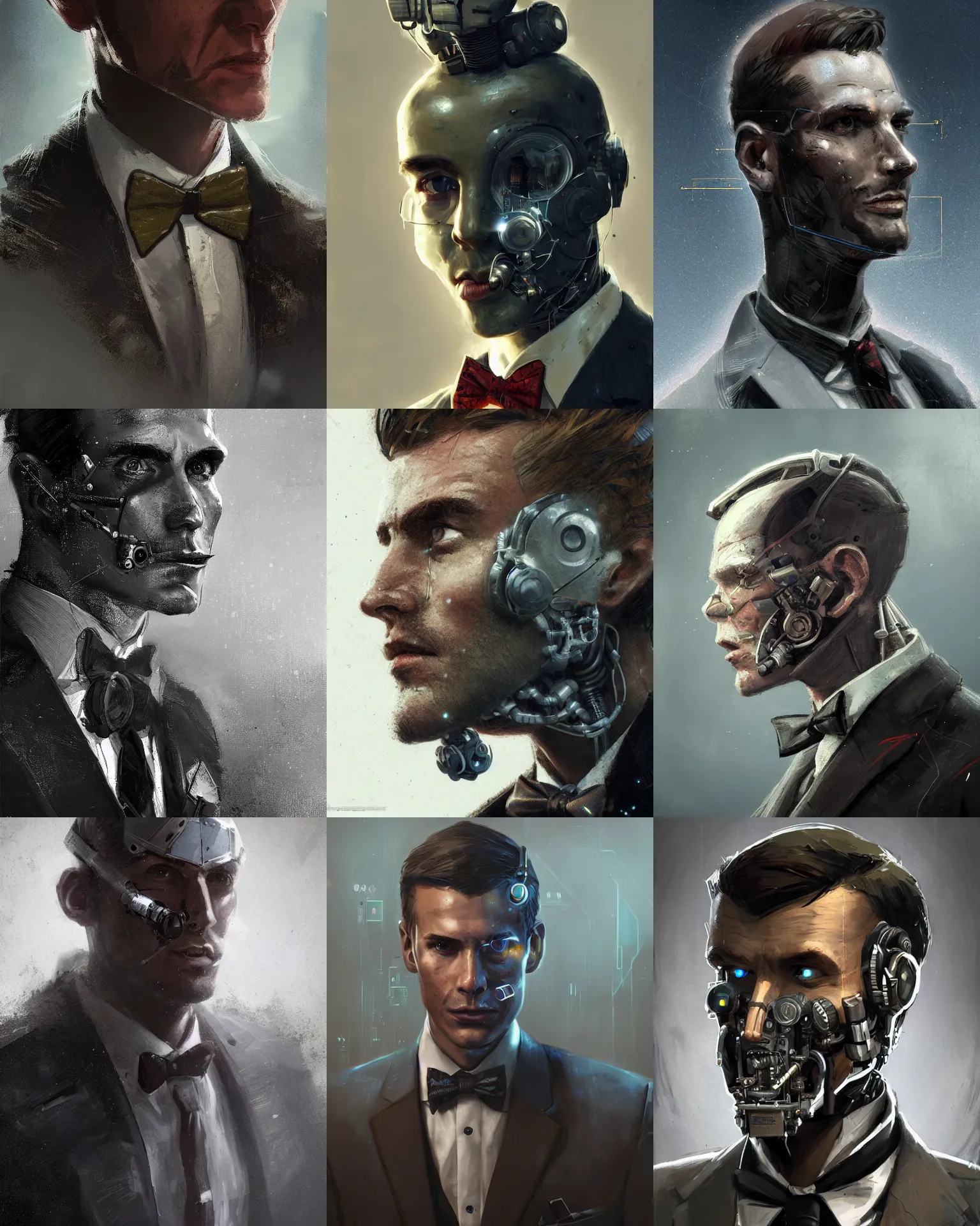 Prompt: a rugged young engineer man with cybernetic enhancements wearing a suit and bowtie, detailed face, scifi character portrait by greg rutkowski, esuthio, craig mullins, 1 / 2 headshot, cinematic lighting, dystopian scifi gear, gloomy, profile picture, mechanical, half robot, implants, steampunk