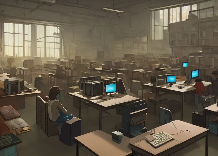 Image similar to an interior room with old pc computers stacked on the walls and people sitting at desks, makoto shinkai, dusty, matte painting