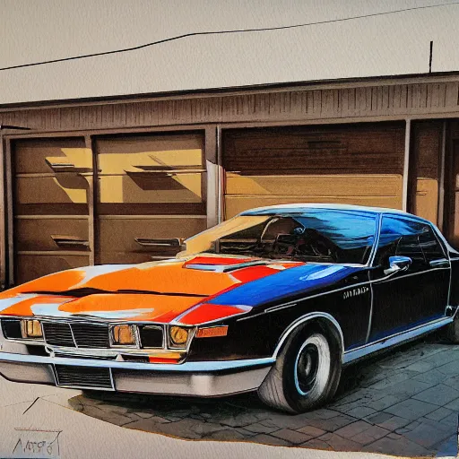 Image similar to detailed details photorealistic pictures of car garage in the style of bob peak and alex ross, gouache and wash paints color, detailed details facial and body and human and environments and proportionate, detailed 5 k details.