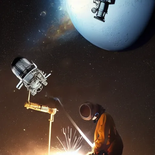Prompt: welder working on futuristic spacecraft overlooking the galaxies