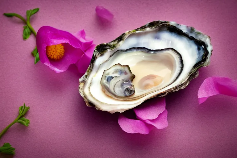 Image similar to a romantic dlsr photoportrait of an oyster in the field of flowers. pastel colors, blurred background. sharp focus on the oyster, 5 0 mm lens, professional light