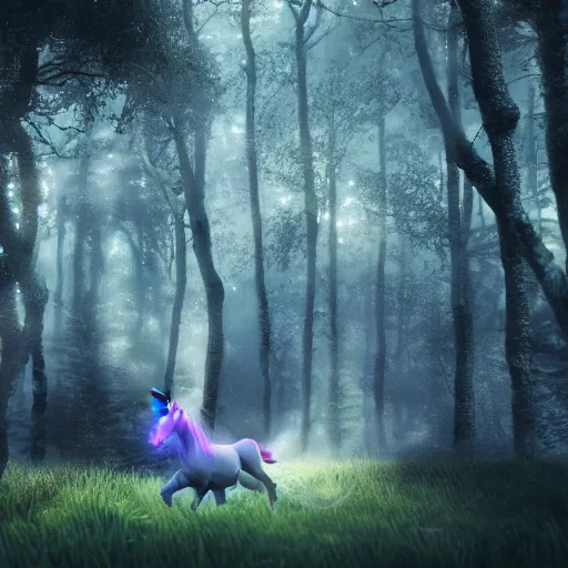 Image similar to a unicorn in a magical forest, 3 d render octane, trending on artstation