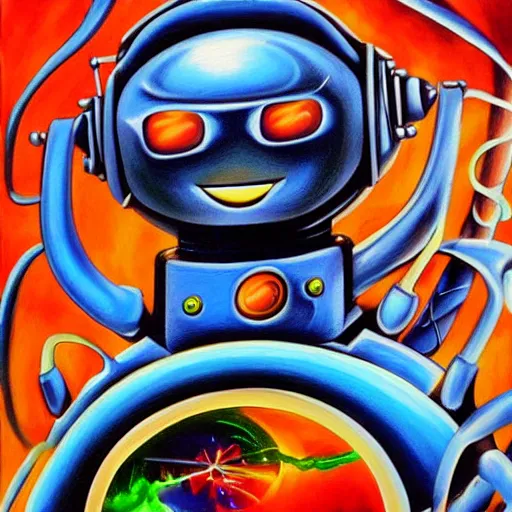 Prompt: robot gods, airbrush painting by in googy style, illustration, intricate detail, award winning work,