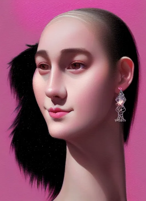 Prompt: portrait of teenage girl, narrow face, black hair, bangs, half updo hairstyle, pointy nose, skinny, smile, unattractive, defined jawline, big chin, pink hair bow, earrings, intricate, elegant, glowing lights, highly detailed, digital painting, artstation, sharp focus, illustration, art by wlop, mars ravelo and greg rutkowski