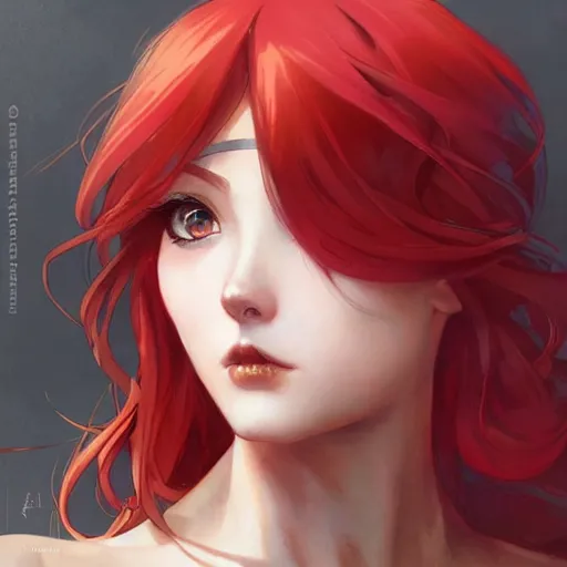 Image similar to a cool red - bun - haired anime girl. she is dressed as a superhero. clean elegant painting, beautiful detailed face. by artgerm and greg rutkowski and alphonse mucha