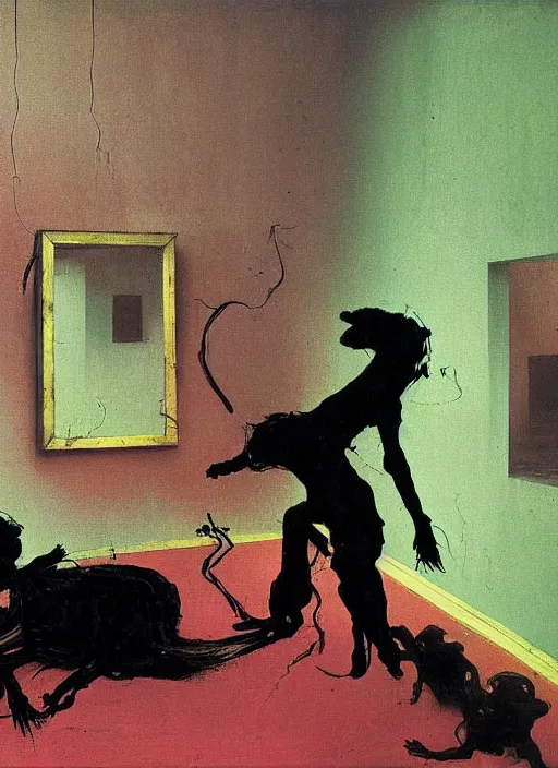 Image similar to two dark figures laughing and a black dog inside a decayed contemporary living room with large oxygen tank in the style of Francis Bacon and Zdzislaw Beksinski, Edward Hopper and Norman Rockwell, highly detailed, very coherent, triadic color scheme