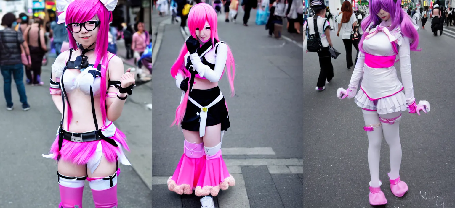 Prompt: Photo, Nikon, a cute Japanese cosplayer girl cosplaying as Mash Kyrielight on the street, Pink hair, glasses