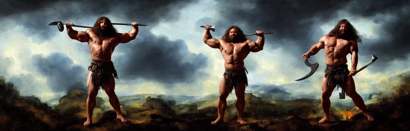 Prompt: oversized muscular powerlifter wolf as dangerous barbarian with long hair and chest armor and sword in epic pose and hard backlight from sunset , very textured detailed oil painting panoramic backlight portrait by rembrandt, backlight, dramatic clouds, thunder storm and forest on fire ,sun rays