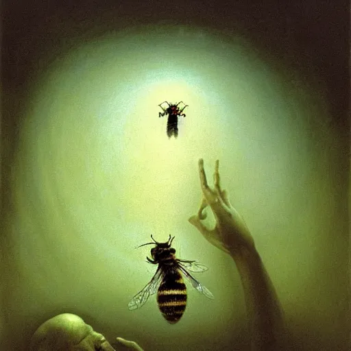 Prompt: man's hand and arm reaching out of thick fog, small arched doorway of light at top, bees swarming man's body, psychedelic, zdzislaw beksinski