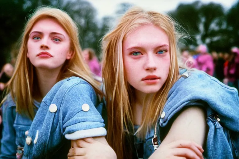 Image similar to candid photo of teenager girls first trip to Glastonbury, UK, Kodak Portra 200,8K,highly detailed: beautiful perspective closeup environmental portrait photo in style of 2000s retrofuturism, cinema lighting , by beksinski, photography fashion edition, tilt shift, highly detailed, focus on man ;blonde hair;blue eyes, clear eyes, soft lighting