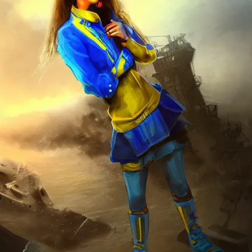 Prompt: ukrainian girl with blue and yellow clothes near big ruined warship, concept art, trending on artstation, highly detailed, intricate, sharp focus, digital art, 8 k