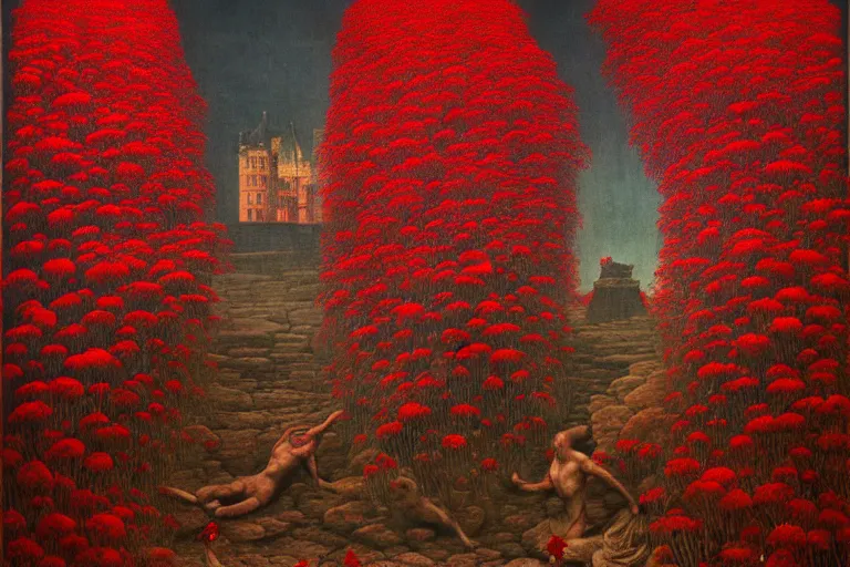 Image similar to only with red, red flowers of different types, a red tiger, a castle in the background, medieval demons dance over the flowers, an ancient path, in the style of beksinski, part by hopper, part by rodcenko, part by hofbauer, intricate composition, red by caravaggio, insanely quality, highly detailed, masterpiece, red light, artstation