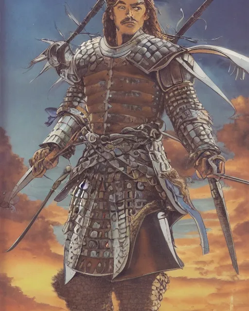 Image similar to portrait of a spanish conquistador in battle, by daniel zrom, masamune shirow, josan gonzales and studio ghibli