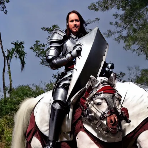 Prompt: a photo of Matthew Mercer wearing templar knight armor riding a horse into battle