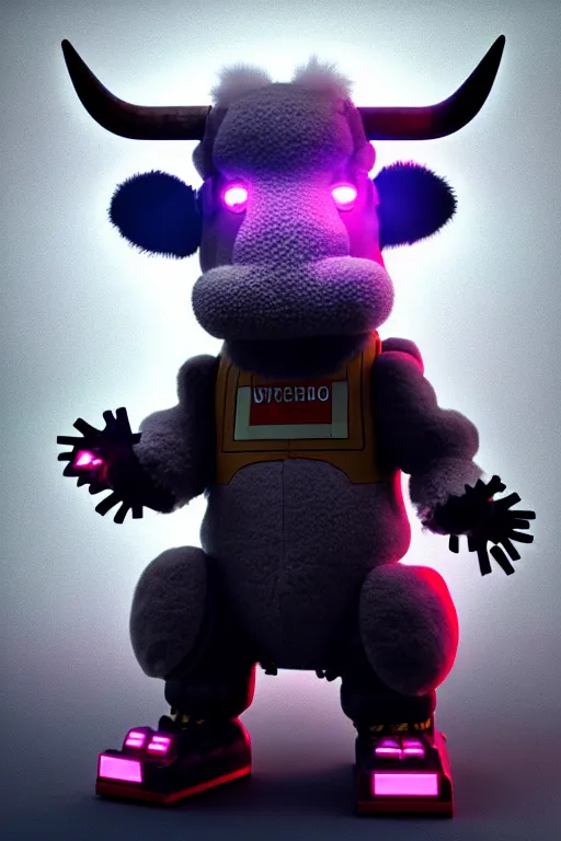 Image similar to high quality 3 d render very cute fluffy! cyborg cow! plays guitar, cyberpunk highly detailed, unreal engine cinematic smooth, in the style of blade runner & detective pikachu, hannah yata charlie immer, moody light, low angle, uhd 8 k, sharp focus