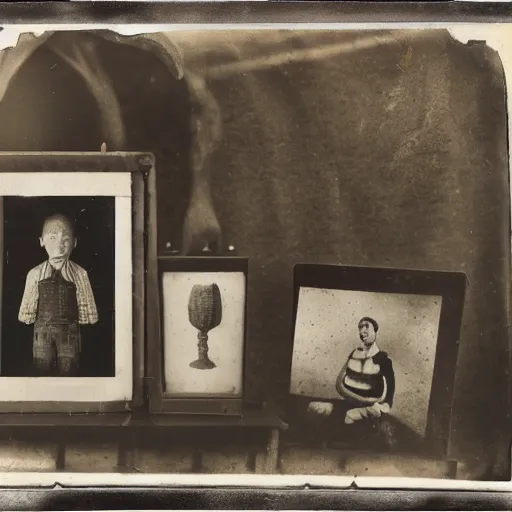 Image similar to Tintype photograph of objects displayed in an ethnographic museum, primitive display, anthropology of wonder, in the style of Marcel Duchamp, found objects, ready-made, 1920s studio lighting.