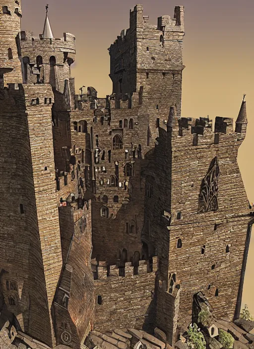 Image similar to a stylized medieval castle with towers, gate, and rockwalls. highly detailed, unreal engine. daylight. trending on artstation.