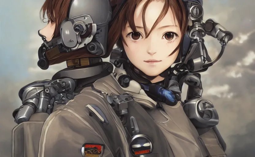 Image similar to pilot girl, cyborg aircraft parts, anime style, vintage pilot clothing, shoulder eyes, last exile anime, hair down, symmetrical facial features, from arknights, hyper realistic, 4 k, rule of thirds, extreme detail, detailed drawing, trending artstation, realistic lighting, by alphonse mucha, greg rutkowski, short neck