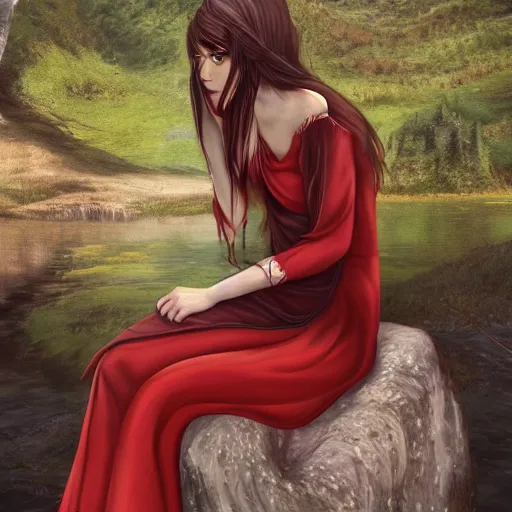 Image similar to Harpy, young woman, red feathered wings, wearing Inka clothes, sad expression, sitting at a pond, mountainous area, trees in the background, trending on artstation