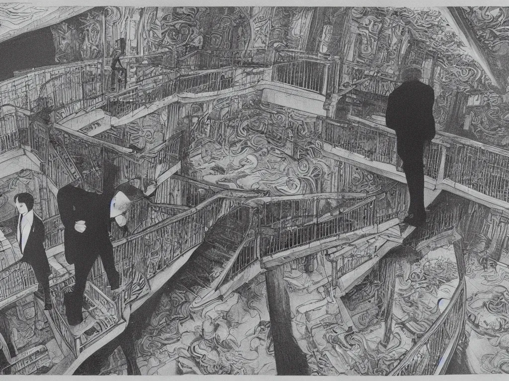 Prompt: lithograph printed in 1976. It depicts a man in an art gallery viewing a print of a seascape. The man's reflection is seen in the print, and the reflection shows the man walking down a staircase. The staircases in the print appear to be infinite, By M. C. Escher, colorized by Hayao Miyazaki