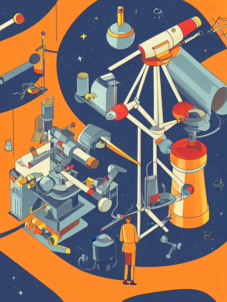 Image similar to editorial illustration scientific lab test tube telescope microscope spaceship, dynamic composition, detailed, matte print, dynamic perspective, colorful modern, mads berg